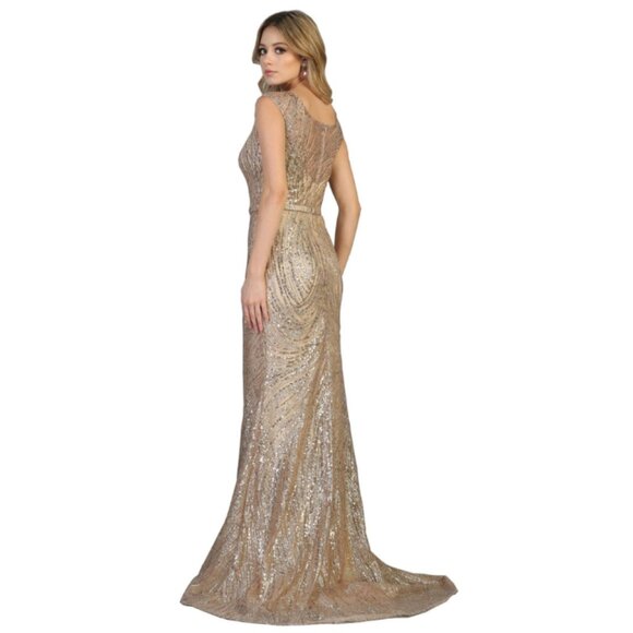 Rose Gold Evening Long Scoop Neck Sleeveless Mermaid Dress By Royal Queen RQ7810 - Picture 2 of 4